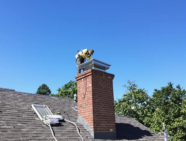Raynham Chimney Sweep technician measuring a chimney cap in Raynham, MA