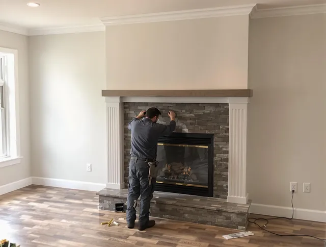 Raynham Chimney Sweep finishing a custom fireplace install in Raynham, MA